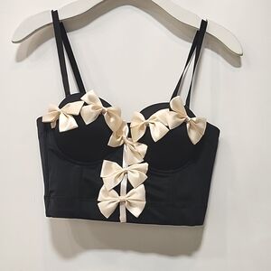 Black and Cream Corset Crop Top with Bow Details